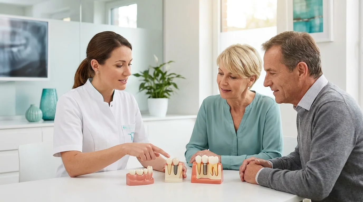 Zahnärztin erklärt einem Paar an Modellen die Unterschiede zwischen Brücke, Krone und Implantat